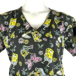 Nickelodeon Spongebob Ladies Scrub Top Large Faux Wrap Tie Back Cotton Blend